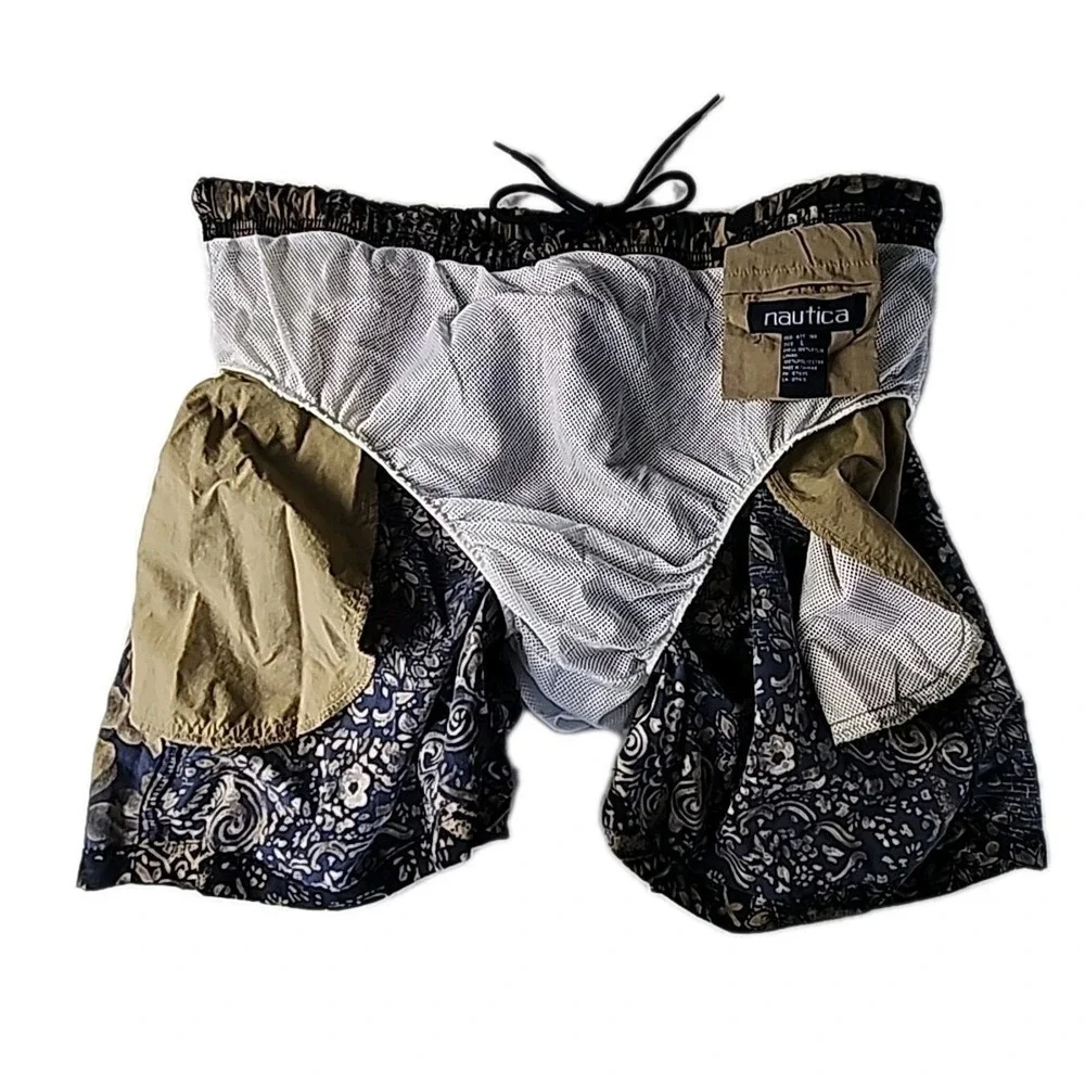 Vintage Nautica Men's Large Swim Trunks Dark Blue & Tan Hawaiian Print Nylon EUC